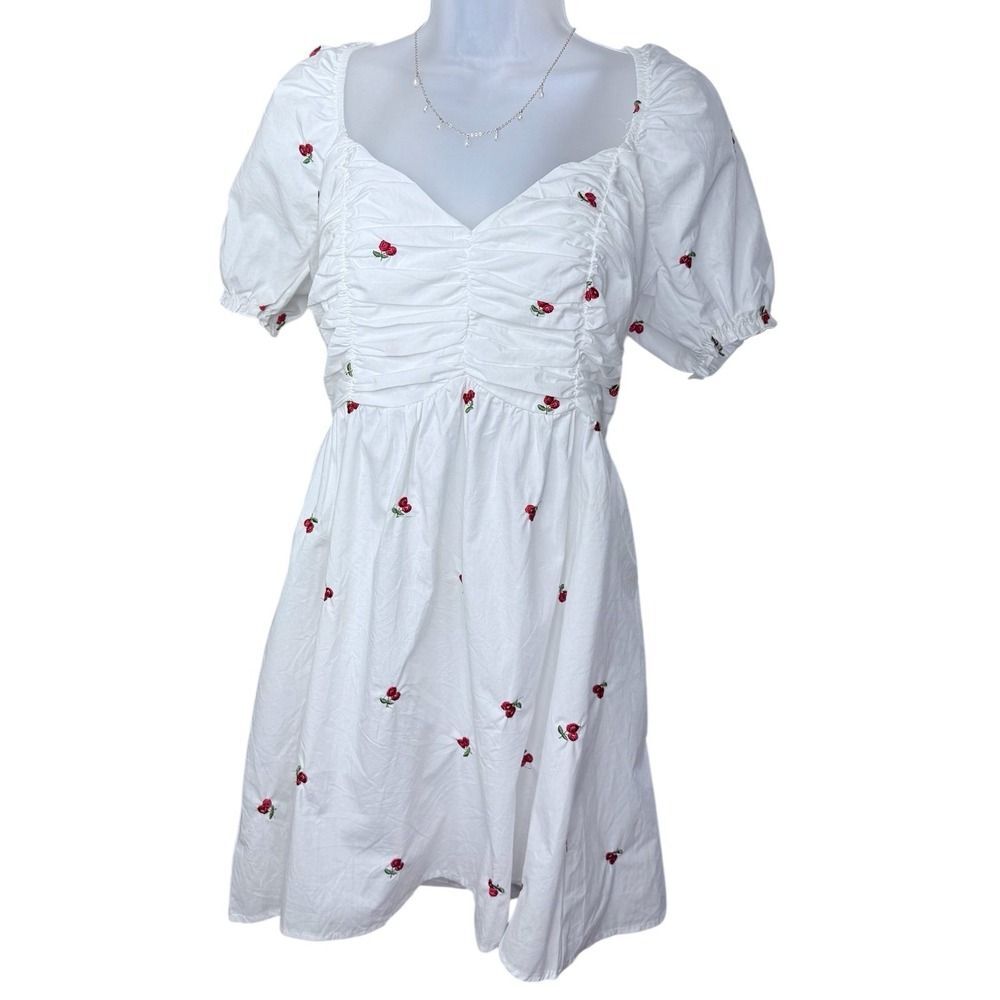 Cider White Puff Sleeve Cherry Embroidered‎ Dress - Size M - Picture 5 of 6